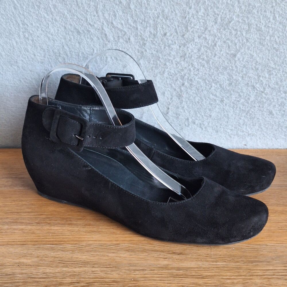 Paul Green Black Suede Ankle Strap Buckle Hidden Wedge Shoes Round Toe Size 10.5